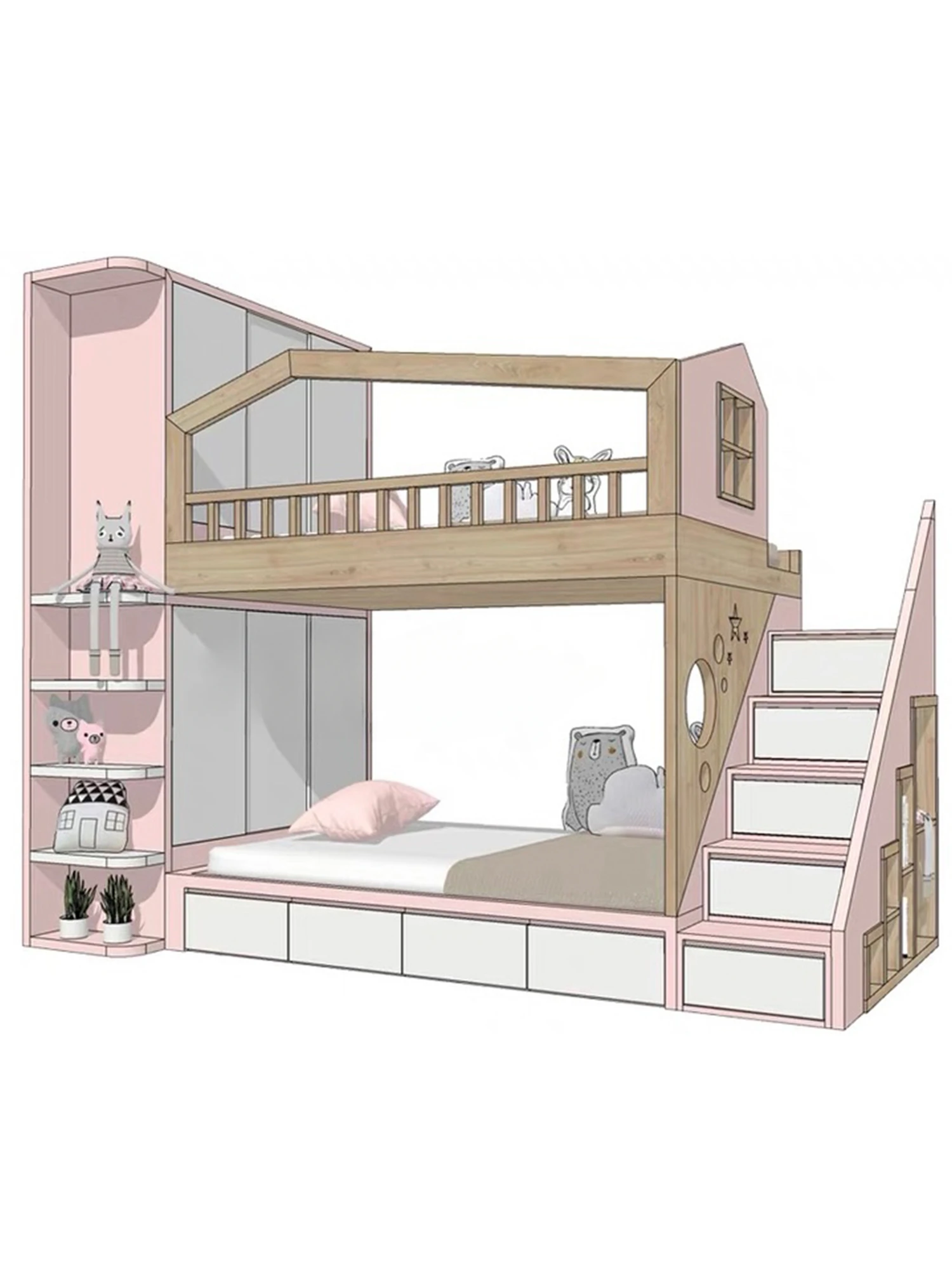 Solid wood furniture for children's room with upper and lower bunks, mother bed, ladder cabinet, storage bed, double bed