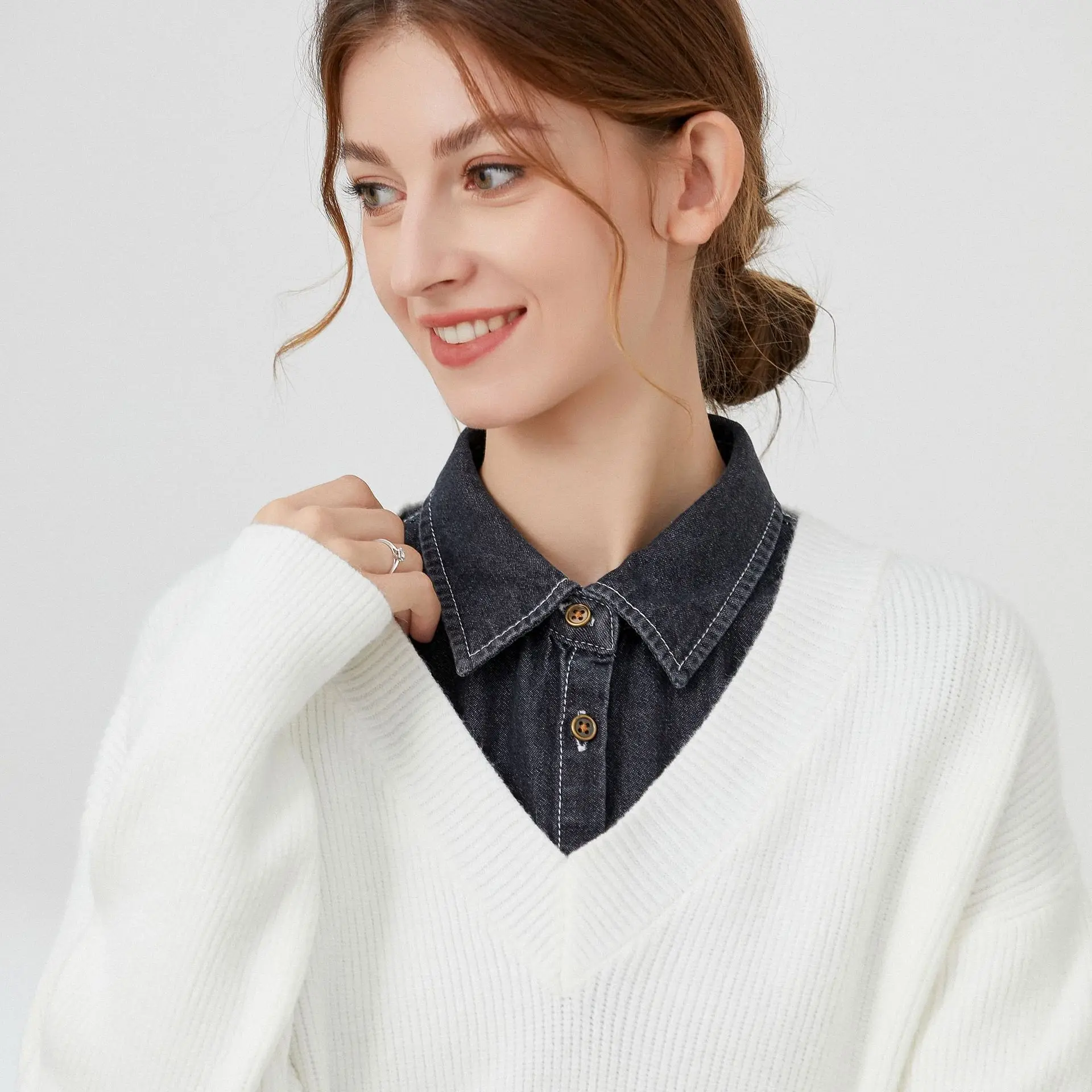 Korean washed denim shirt with fake collar. Women's sweater,  decorative shirt, fake collar