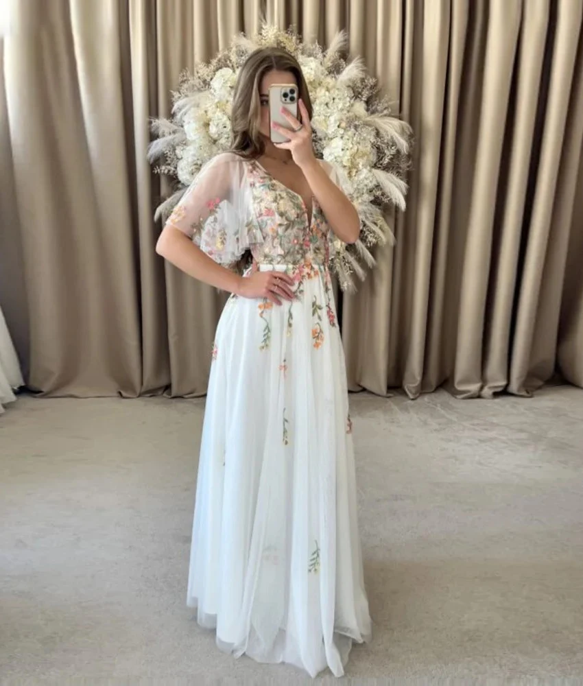 

Customized Graceful Organza Appliques Flowers Lace Evening Dress High Quality V-Neck Half Sleeves After Party Dress Custom Size