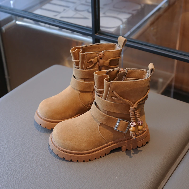

Зимние ботинки для девочек в богемном стиле, однотонные детские ботинки на молнии, винтажная модная удобная детская обувь до середины икры с круглым носком, размеры 26–36