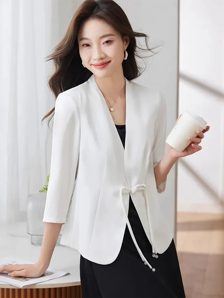 Smooth Satin V-neck 3/4 Sleeve Suit Jackets Slim Frog New Chinese Style Blazer Chaquetas Coats Women Elegant Vintage Vestes