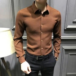 Business Casual Men's Spring Autumn New Lapel Solid Waffler Single Breasted Fashion Casual Office Social Long Sleeve Shirts Tops