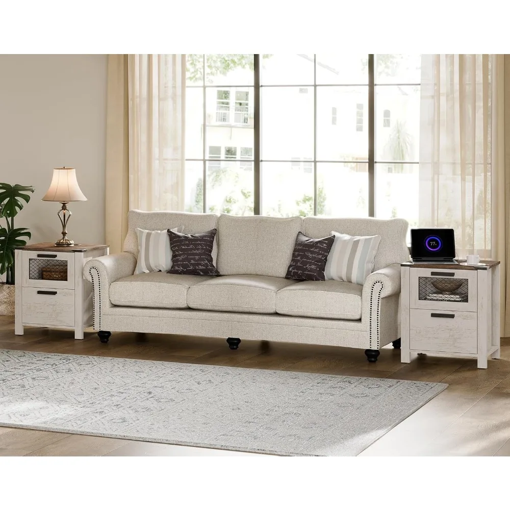 

2 Set of Farmhouse Nightstand with Drawer Stroage, Sofa Side Bedside Table in Bedroom and Living Room, Oak and White