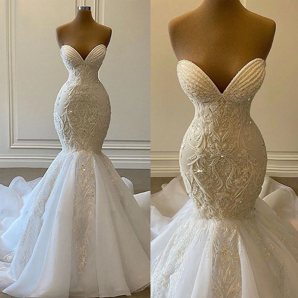 

Classic Mermaid Wedding Dresses For Women Sequins Appliques Bridal Gown Sleeveless Sweetheart Collar Skirt Sweep Train Dress