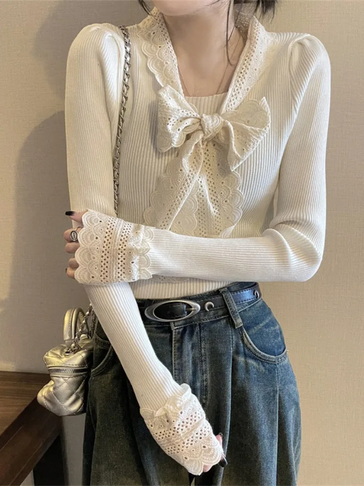 

Ele кружевной вязаный свитер с узлом, женский осенне-зимний внутренний свитер, облегающий базовый топ, корейский слей