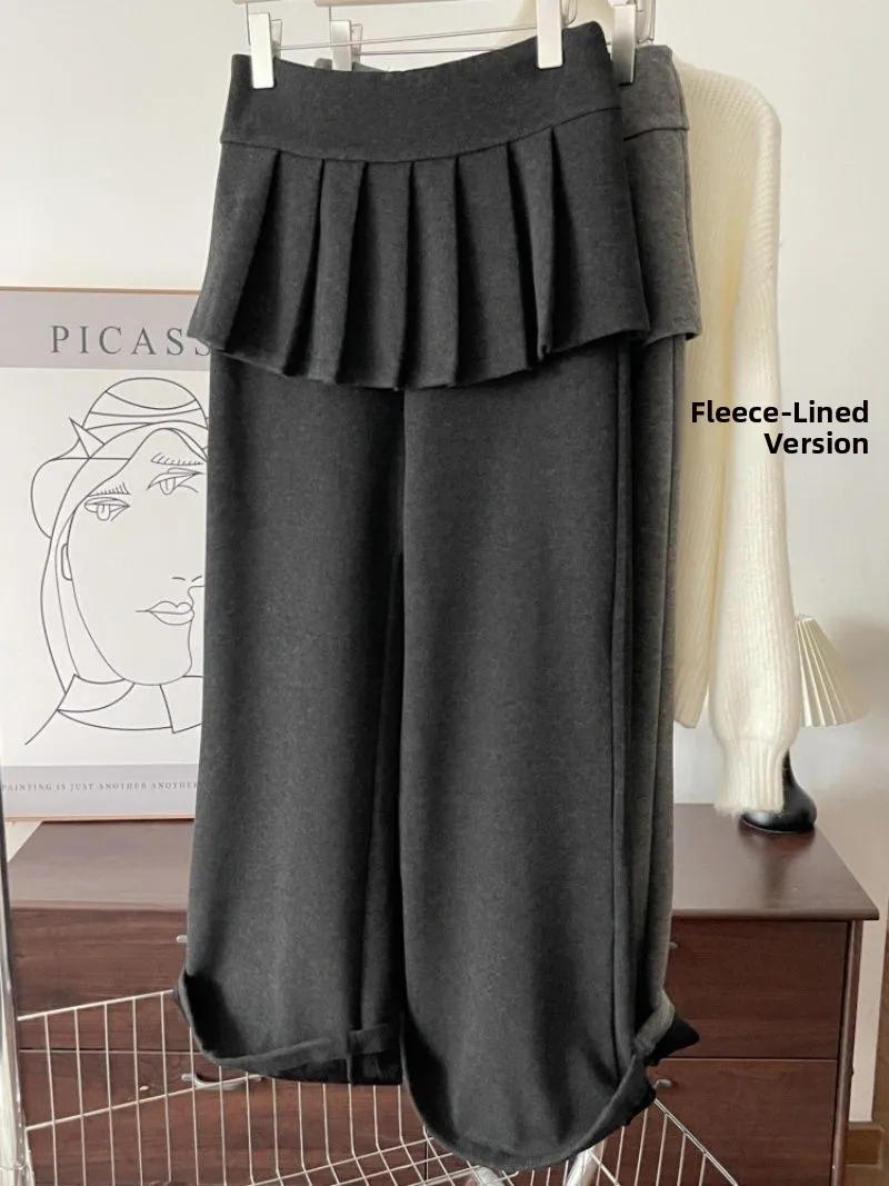 

Faux Two-Piece Pleated Skirt Pants Women's High Waist Fleece Lined Straight Leg Micro Flared Long Trousers Autumn Winter