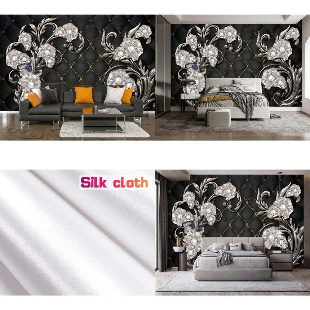جدارية حائط أنيقة على شكل زهرة منقوشة باللؤلؤ الأسود - ورق جدران مزخرف لغرفة النوم 103 × 69
