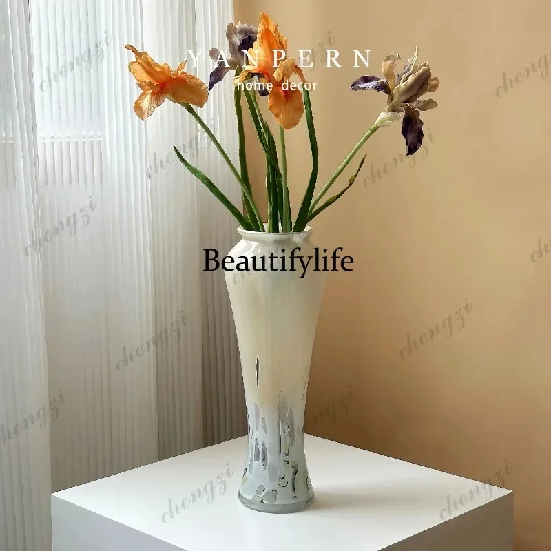 Q181 Medieval beige glass vase ornament, entrance, living room desktop flower arrangement, water raising decorative flower utens