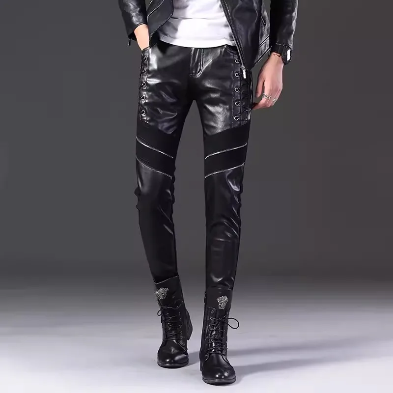 2024 Men Black Leather Pants Gothic Trousers Motorcycle Fashion Windproof Patchwork Luxury Fashion Korean Stage Singer Costume