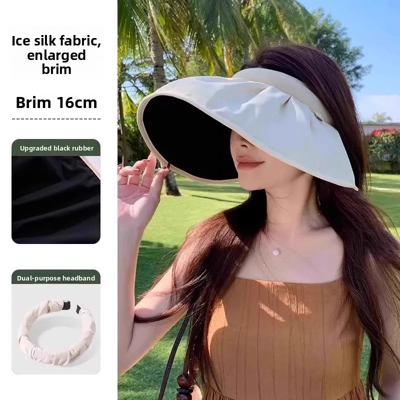 Women's Summer UV Protection  Shaped Sun Hat Ice Silk Large Brim Empty Top Black Glue Casual Style Youth Fashion Hat