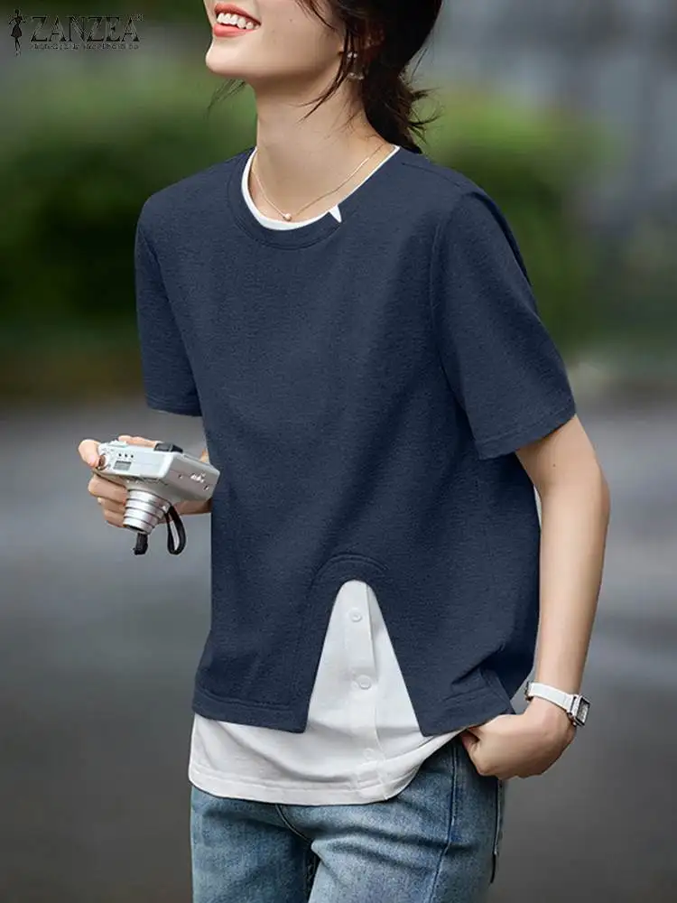 ZANZEA Casual Color Block Tees Tops Summer O Neck Short Sleeve Elegant T-shirt Fake Two-Piece Women Streetwear Fashion Blouses