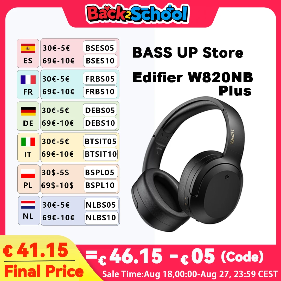 Edifier W820NB Plus cuffie Bluetooth Wireless Hybrid Active Noise Reduction Hi-Res Audio LDAC 49H durata della batteria