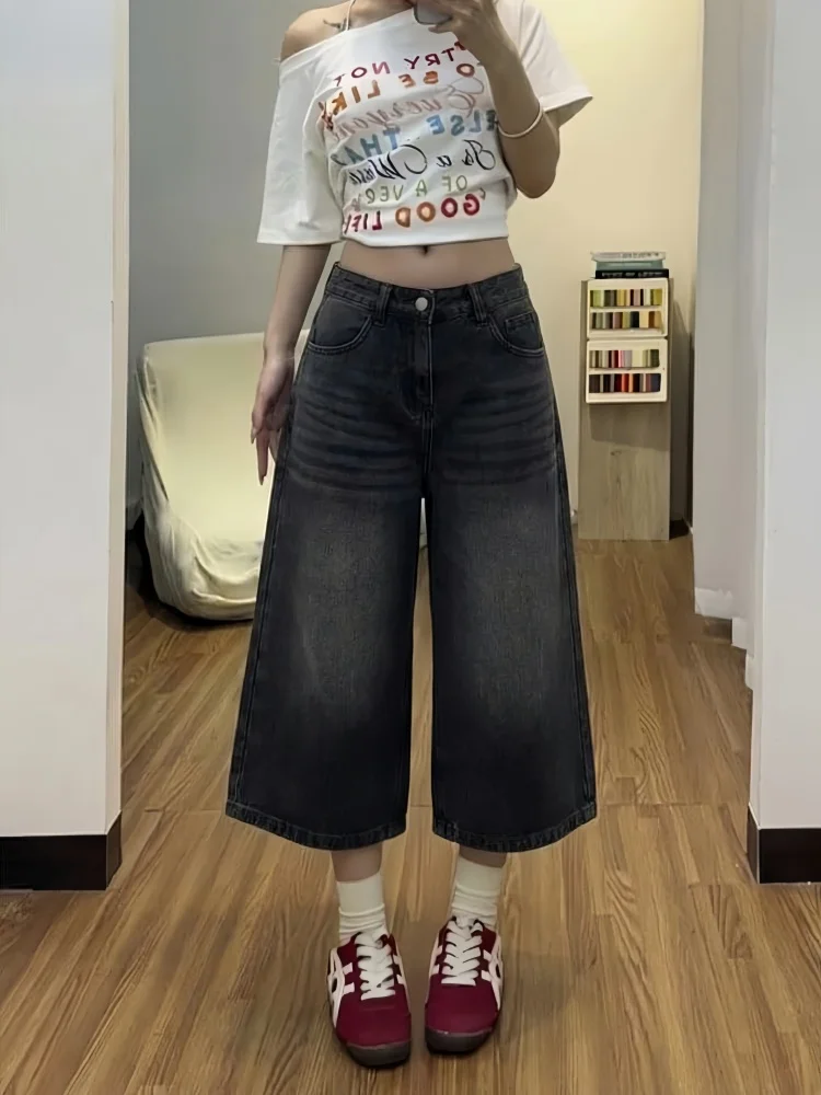 

Loose High Waist Wide Leg Denim Capris for Women Summer New plus Size Slimming Straight Leg Jeans Black Grey Pear Shaped Body