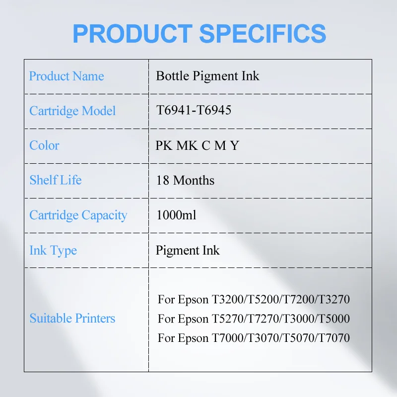 Imagem -02 - Tinta do Pigmento Cores T6941-t6945 1000ml para Epson sc T3200 T5200 T7200 T3270 T5270 T7270 T3000 T5000 T7000 Impressora Alta Qualidade