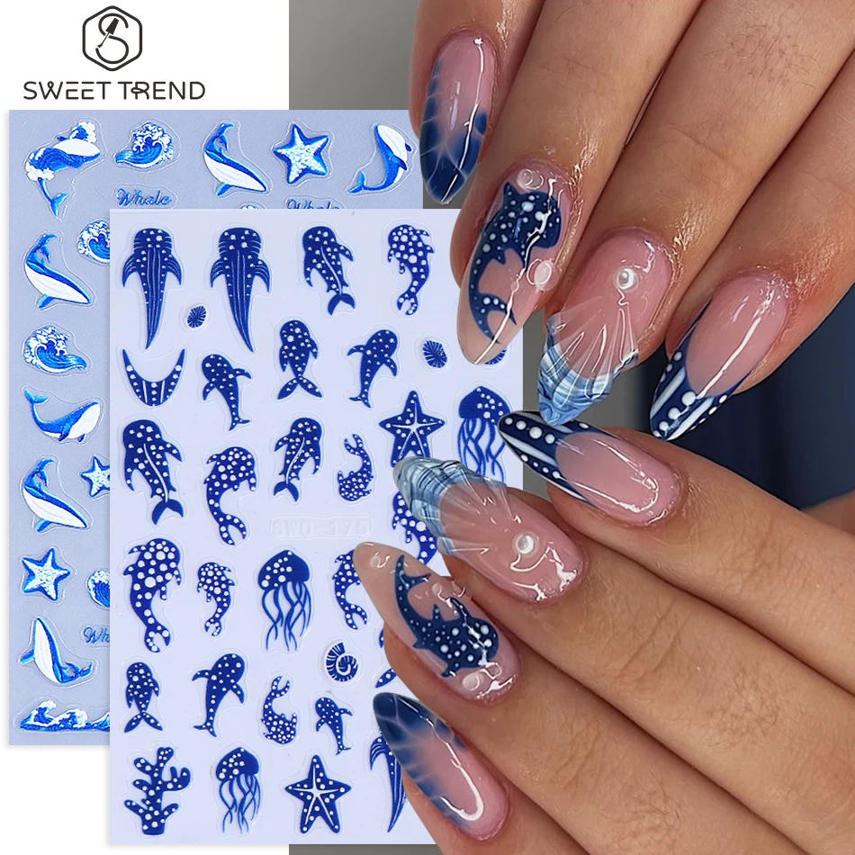 2 Stück Blauwal-Nagelaufkleber mit Textur, Polka-Dot-Design, Wale, Seesterne, Quallen, französische Linien, selbstklebende Aufkleber, DIY-Maniküre-Dekor