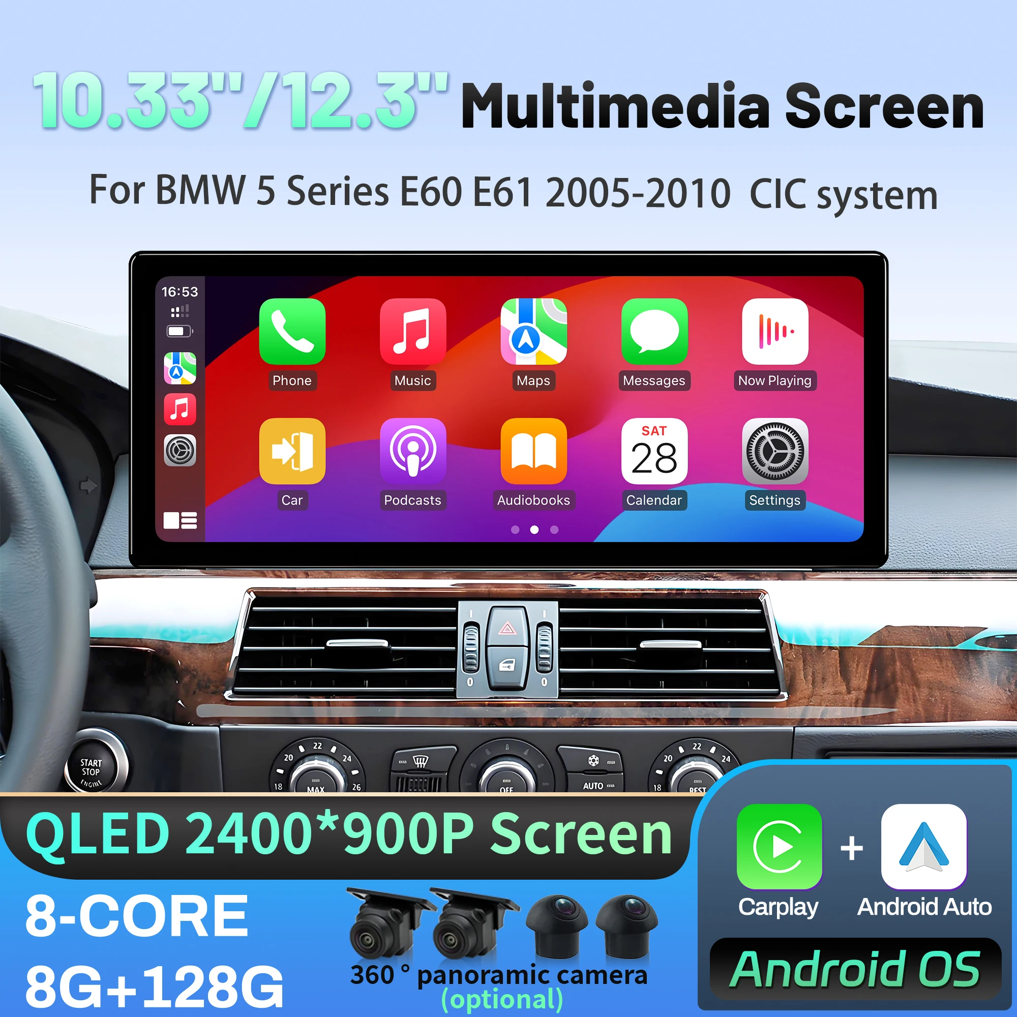 10.33 /12.3 بوصة لسيارات BMW 5 Series E60 E61 2005-2010 نظام CIC الوسائط المتعددة أندرويد 14 راديو السيارة سماعة لاسلكية تعمل بالبلوتوث شاشة Carplay #1