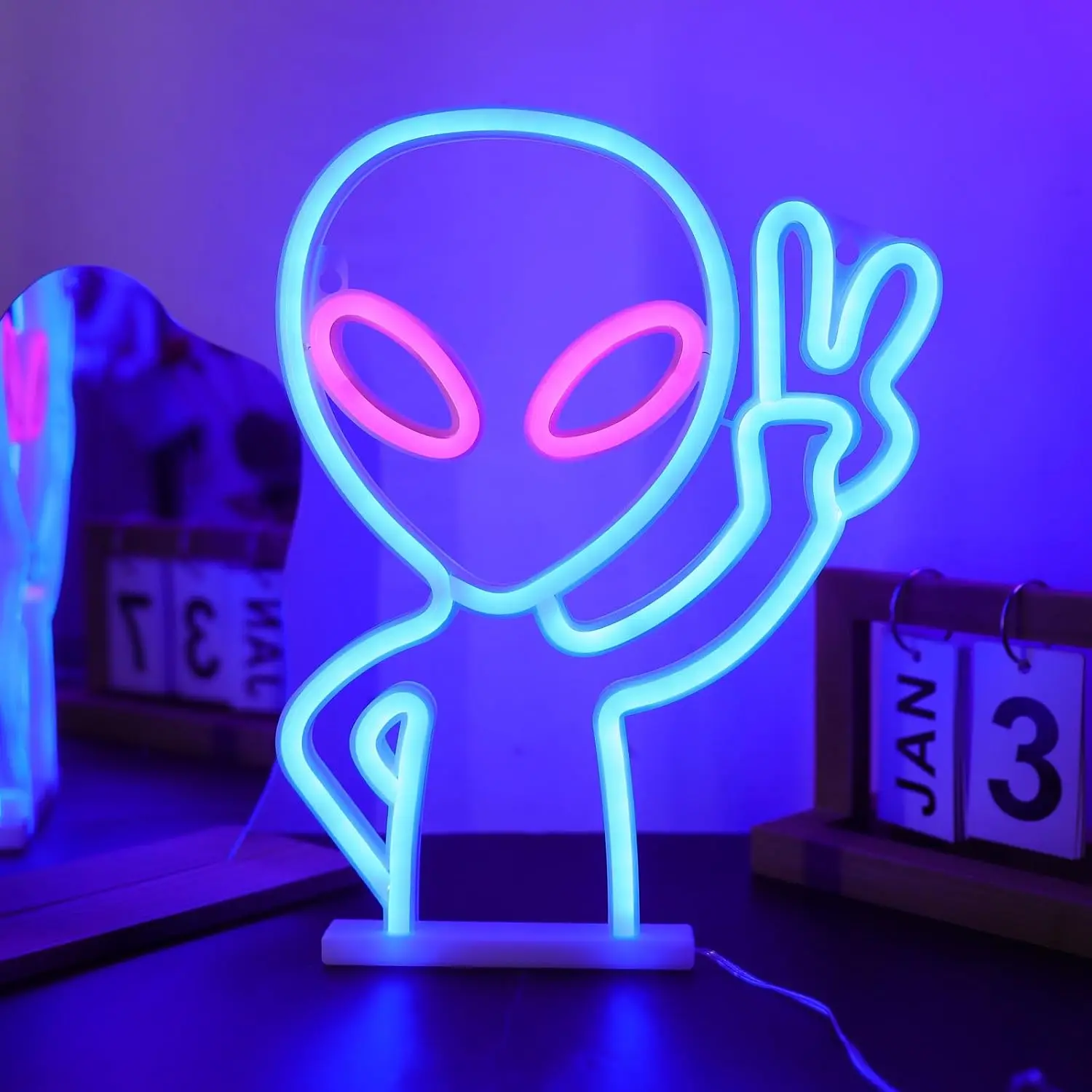 Alien Neon Sign USB Powered LED Peace Sign Desktop Lamp for Bedroom Gaming Room Party Decor Kids Birthday Gift Night Light