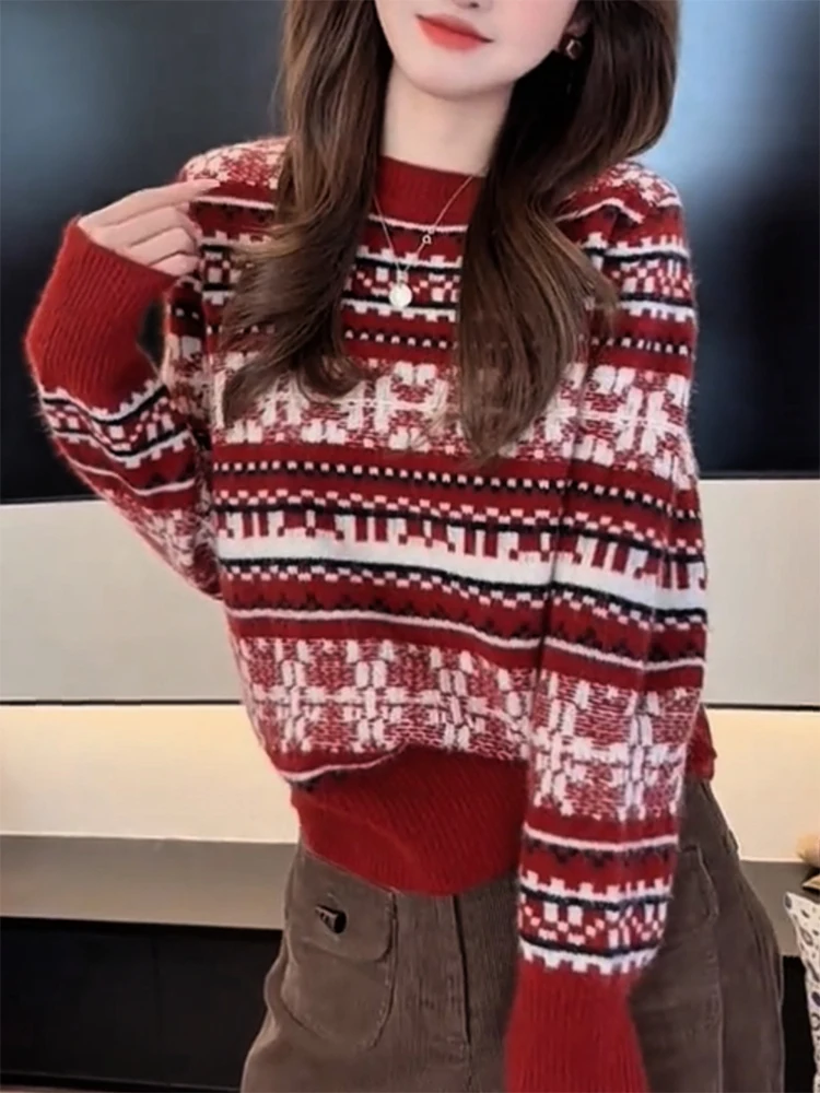 

Корейский свитер с круглым вырезом и узором Fair Isle, в стиле колор-блок, универсальный, осенне-зимний, новинка, большие размеры, очень теплый