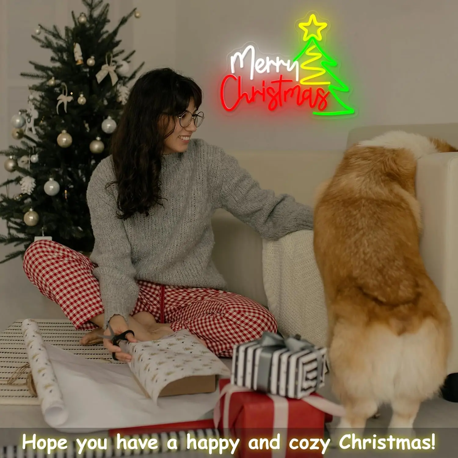 Merry Christmas Neon Sign Star Topper Xmas Tree Neon Light USB Dimmable LED for Bedroom Living Room Holiday Party Festival Decor