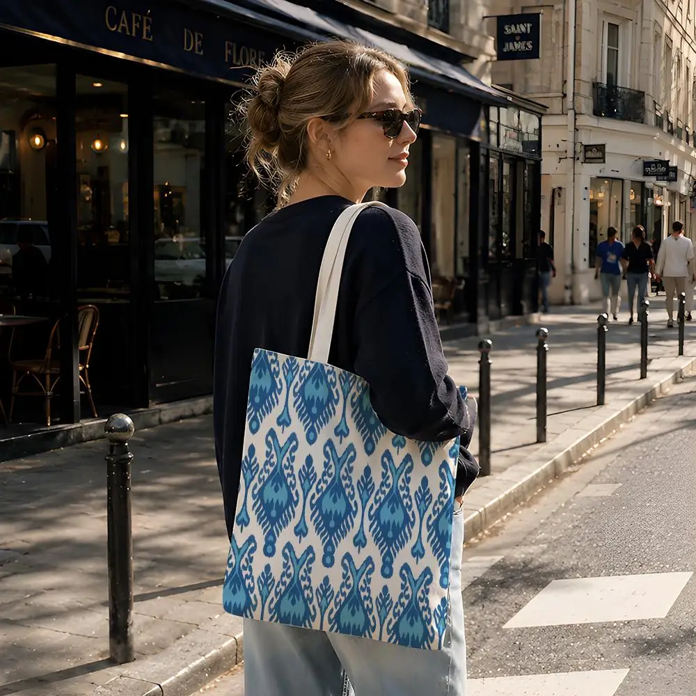 Pattern Boho V-Vintage Ikat Ethnic Print Storage Bags Reusable Canvas Tote Suitable for School Class Commuting Shopping as Gifts