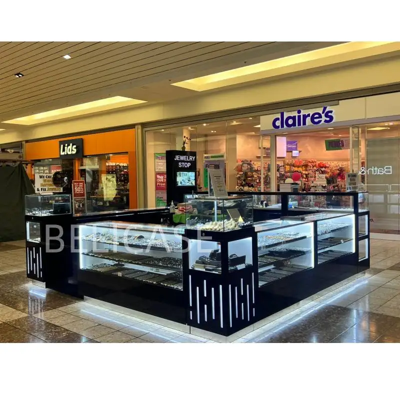 

customized.Custom Shop Design Glass Counter Wooden Jewelry Kiosk Black Color Store Silver Design Jewelry Kiosks Mall