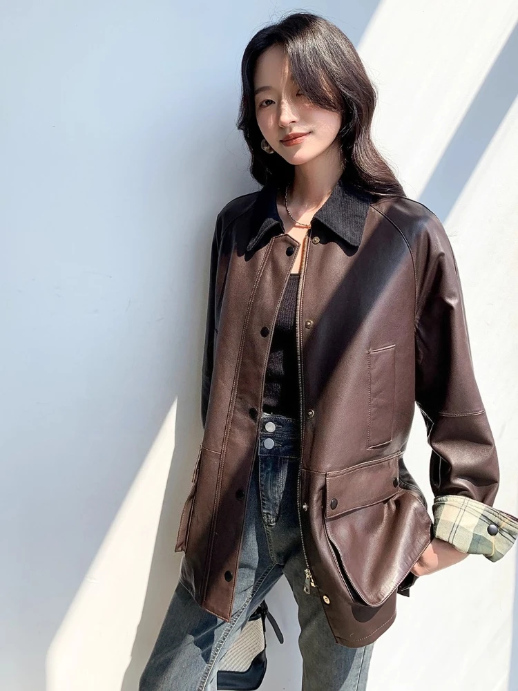Damskie kurtki wiatrówki z prawdziwej skóry vintage, luksusowe, proste, z kontrastowym sztruksowym kołnierzem, luźne, miękkie płaszcze z prawdziwej skóry owczej.