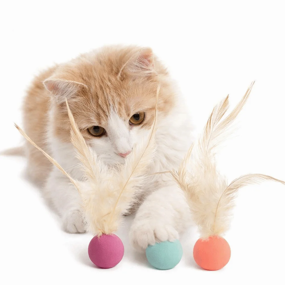 3-teiliges Set: Interaktives Katzenspielzeug mit Federn – Robuster Kauspielball für Selbstbeschäftigung und Training, elastisch und interaktiv