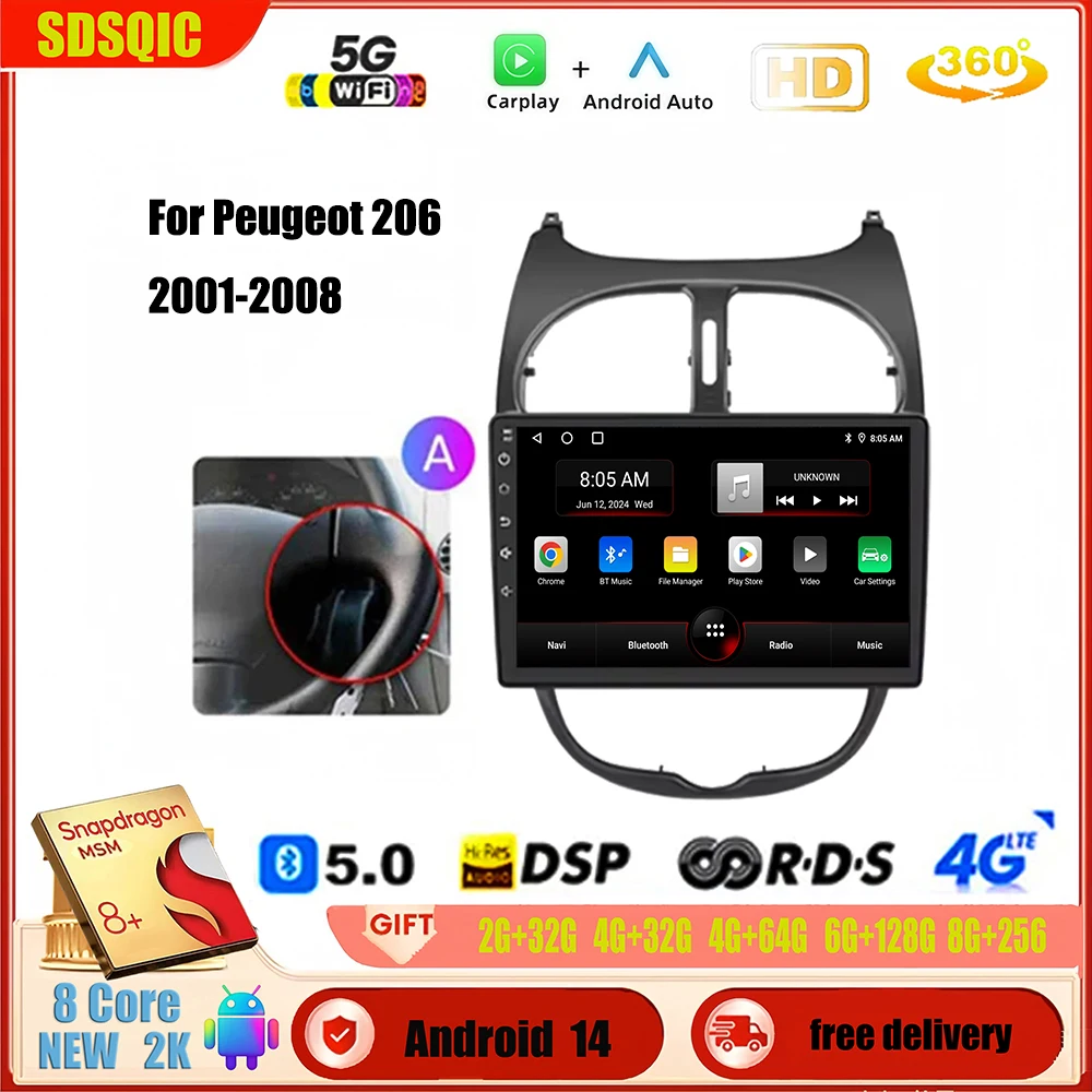 Для Peugeot 206 206CC 206SW 2000-2016 2Din Android 14 Автомобильный радиоприемник Мультимедийный плеер GPS Авторадио Carplay WIFI NO 2 din DVD Для Peugeot 206 206CC 206SW 2000-2016 2Din Android 14 Автомобильный радиоприемник Мультимедийный плеер GPS Авторадио Carplay WIFI NO 2 din DVD