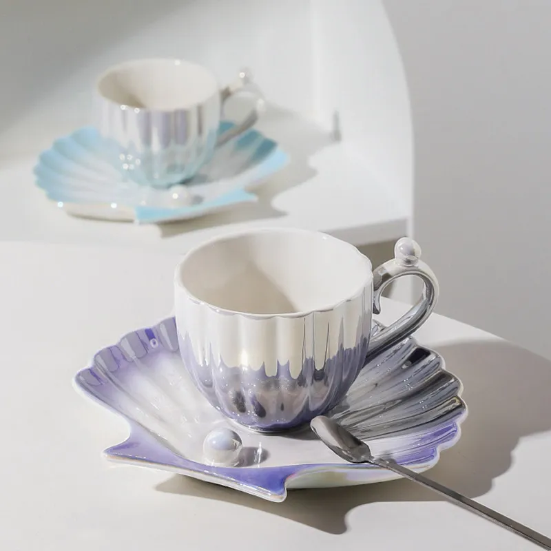 Gradient Pearl Shell Ceramic Coffee Cup and Saucer Set, Exquisite Afternoon Tea Mug with Spoon, Home Gift
