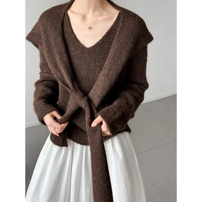 2025, Frühherbst, neues Design, entspannter und rückenfreier Wolloberteil, hochwertiger Strickpullover + Schal