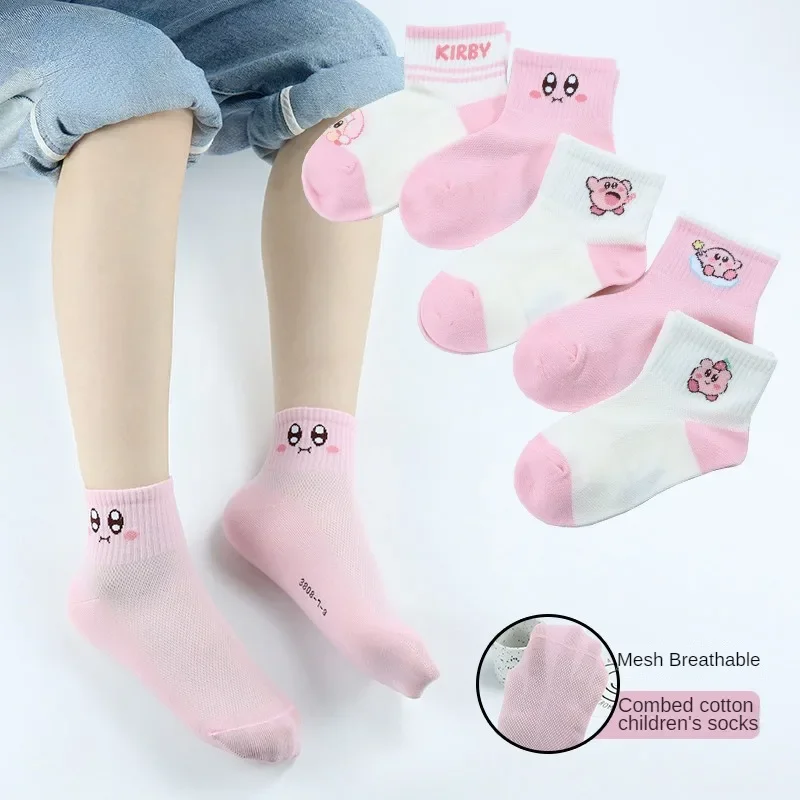 5pcs Kirby Girls Socks Cotton Mesh Kids Breathable Kawaii Cartoon Toddler Elastic Sports Socks Cute Children Short Socks 2-15y