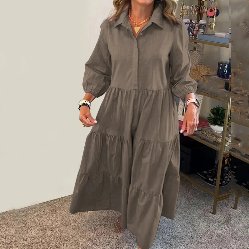 Abito ampio con bottoni e colletto rovesciato autunnale Abito casual da donna a maniche lunghe multicolore Abito maxi pieghettato da pendolarismo elegante