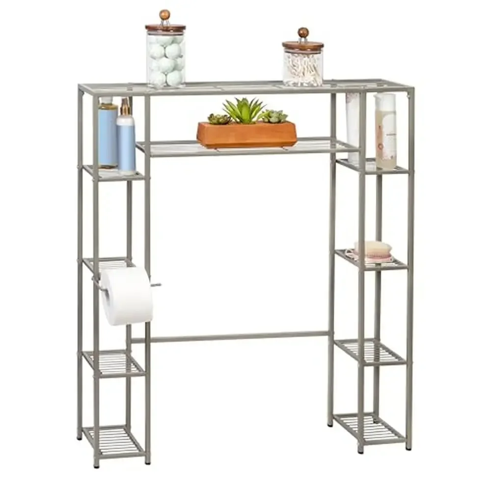 5 Tier Over-The-Toilet Steel Storage Shelf Satin Nickel Maximize Space Sturdy Construction Slatted home organization