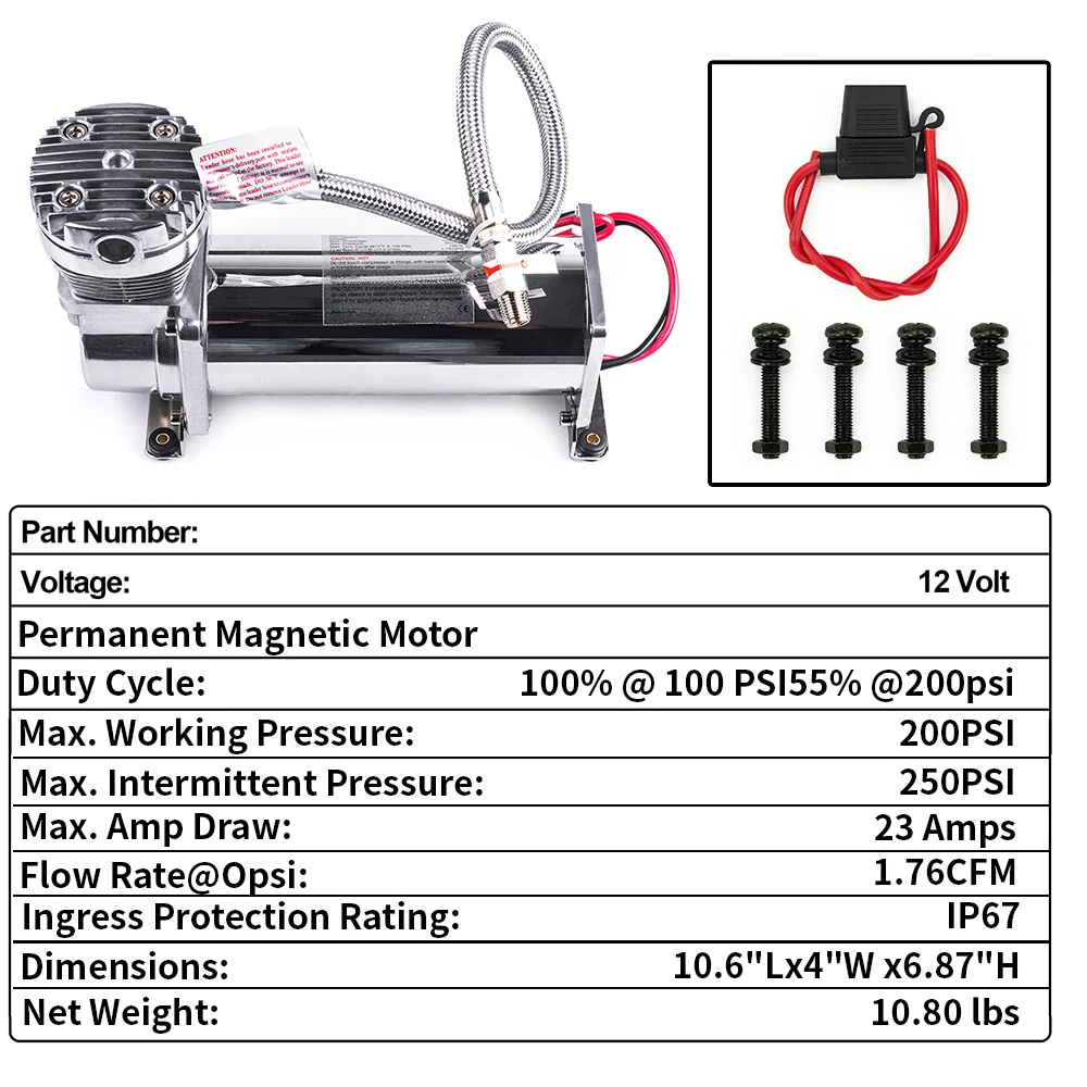 New upgrade！Universal 12V 3/8&1/4NPT 200PSI 480C Air Suspension Compressor Pump Kit Chrome/Black