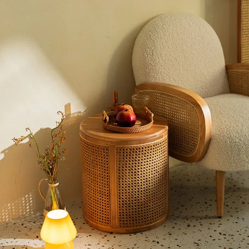 Nordic Rattan Living Room Sofa Side Round Tables Home Auxiliary Furniture Wood Balcony Tea Desks Mobile Storable Nightstands