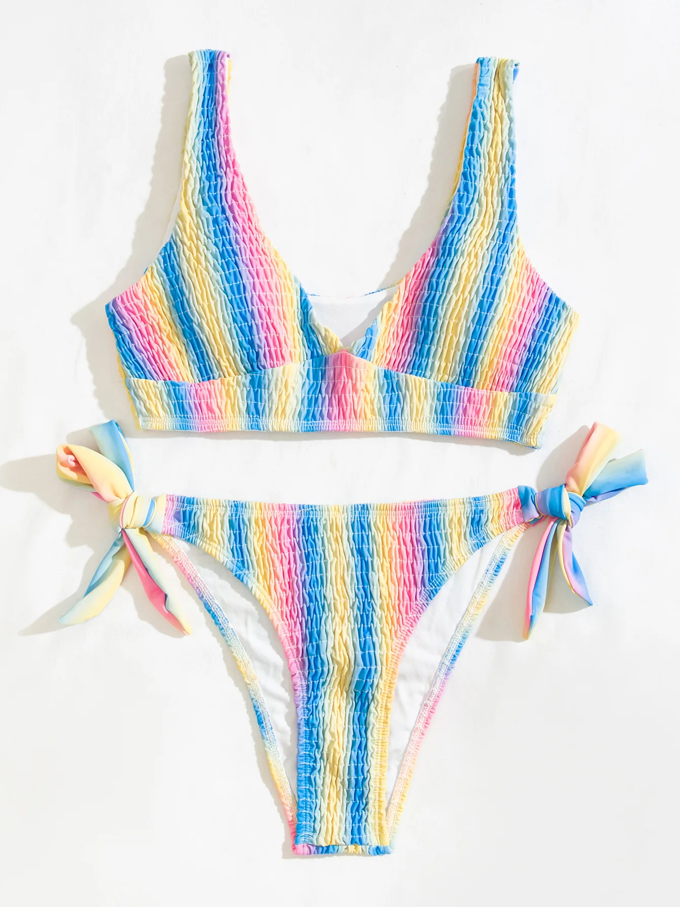 2024 New Sexy Bikini Women Rainbow Stripe Pleated Swimwear Swimsuit Knotted Bikinis Set Bathing Suit Beach Bikini Female Push Up