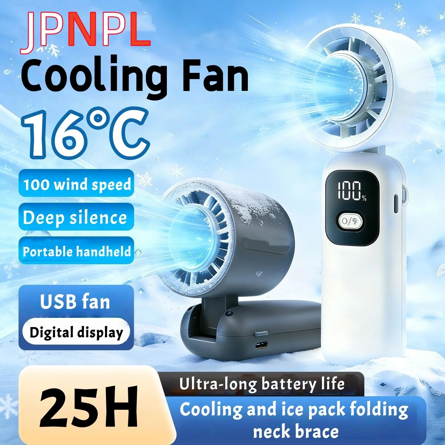 JPNPL  4000MAH Fan Handheld Cooling Fan 100 Levels Foldable Rechargeable Strong Wind Air Cooler Digital Display Long Battery