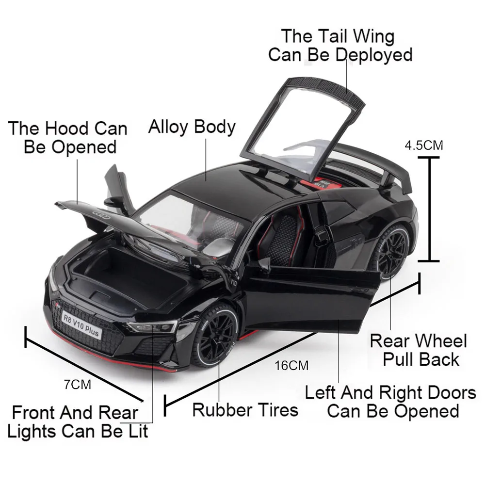 1:24 AUDI R8 V10 PLUS Samochody Zabawki Model Gumowe Opony Miniaturowe Samochody Sportowe Koło Pociągnij Modele Pojazdów dla Dzieci Kolekcja Prezenty