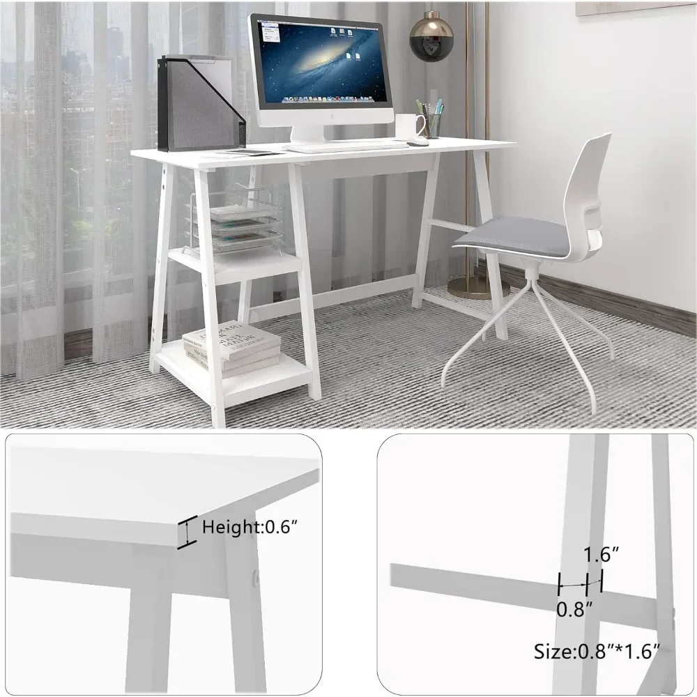 White Desk with 2-Tier Storage Shelves, Home Office Computer Desk, Study Table for Kids Student, Writing Desk, Desk Workstation