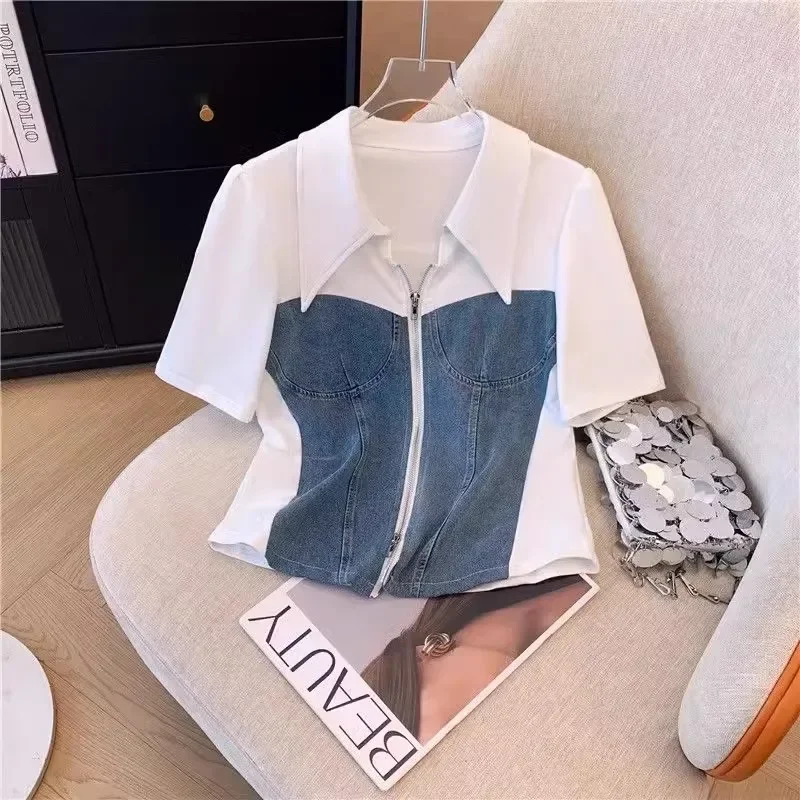 Neploe Lapel Neck Zipper Denim Patchwork Tops Women+ Y2k High Waist Lace Up Wide Leg Pants 2024 Summer New Two Piece Sets