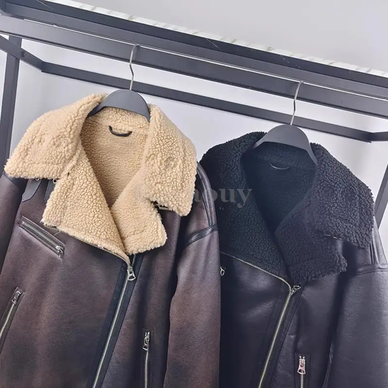 Garaouy 2023 Winter Women Faux Leather Lambswool Lapel Zip Motorcycle Jacket Female Oversized Casual Thick Warm Pu Coat Outwear