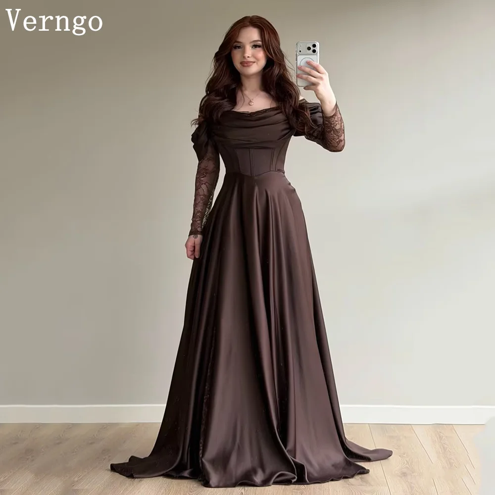 

Verngo Brown Crepe Evening Dress Off The Shoulder Full Lace Sleeves Prom Gown Side Slit Formal Dresses Customized