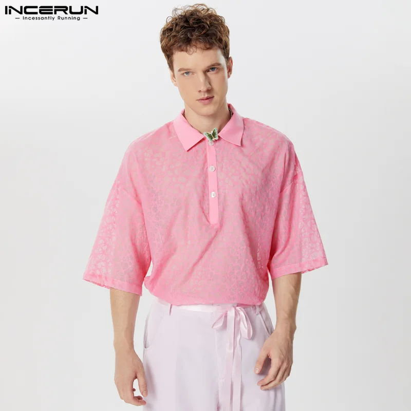 

INCERUN Tops 2024 American Style New Men's Textured Organza Perspective Shirt Sexy Fashion Thin Short Sleeved Lapel Blouse S-5XL