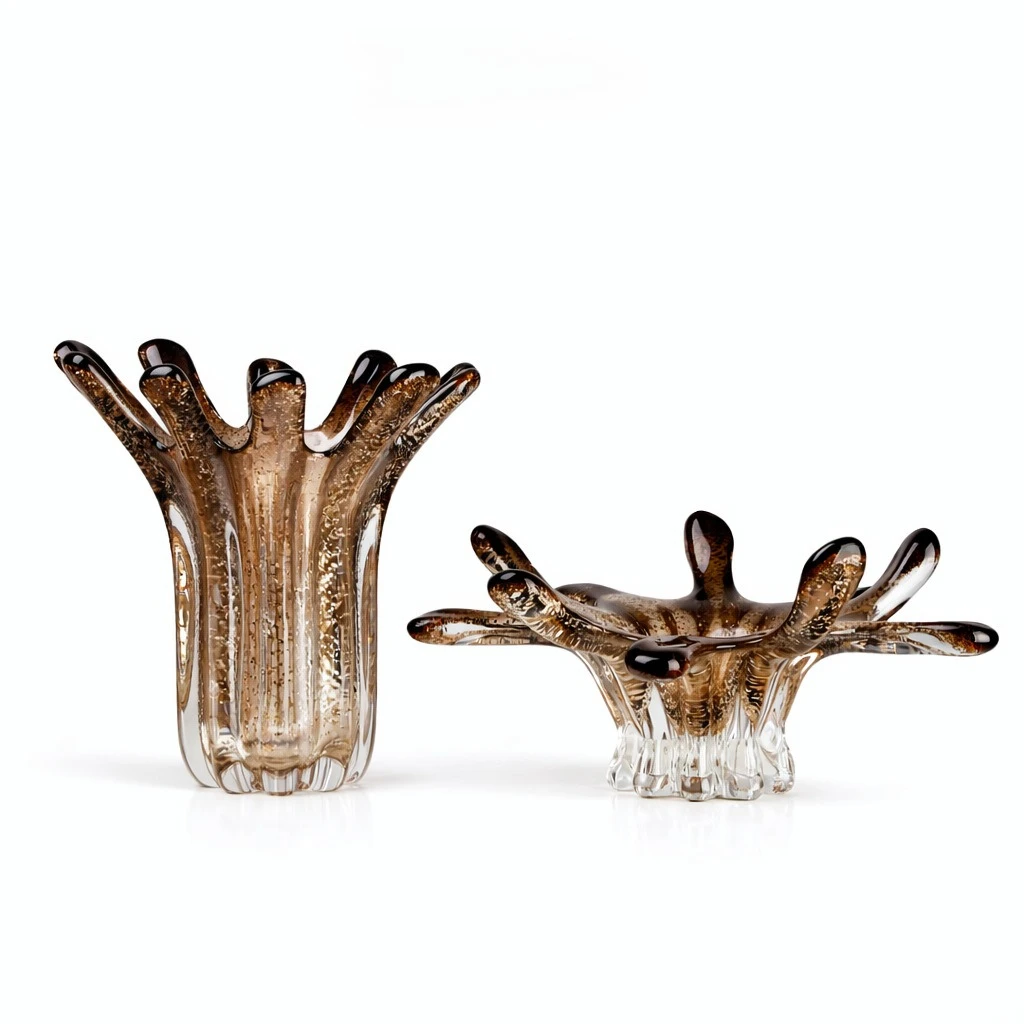 Modern versatile brown open glass vase fruit plate combination set, home black dining table decoration storage