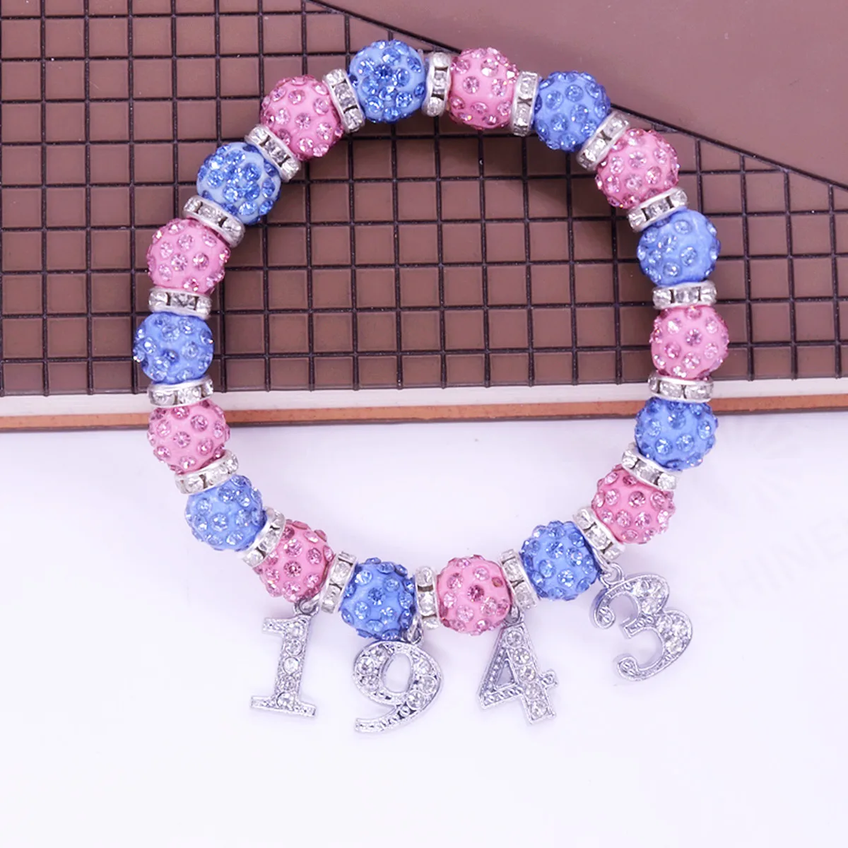 Baby Pink Blue Bling Diamond Disco Ball Beads Greek Sorority Gamma Phi Delta 1943 Bracelets Adjust