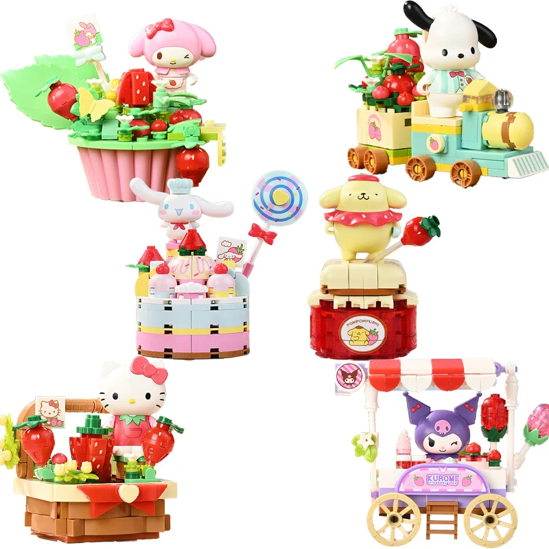 Anime Keeppley Kawaii Cartoon Sanrio Strawberry Town Speelgoed Hello Kitty Kuromi Melody Gemonteerde bouwstenen Verjaardagscadeaus