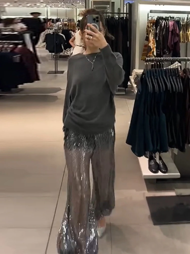 ترتر شفاف للحفلات سراويل فضفاضة للنساء عالية الخصر واسعة الساق مسائية لامعة أنيقة سراويل نسائية 2025 ثوب جديد سراويل الشارع