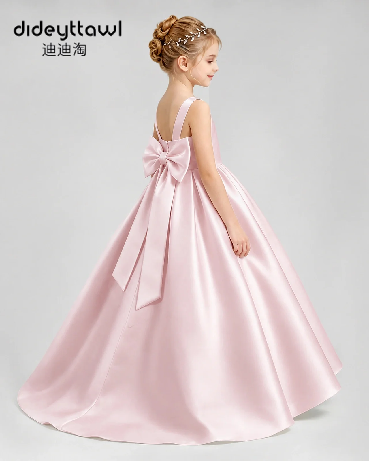 Dideyttawl Elegant Satin Flower Girl Dress With Big Back Bow Multi Color Kids Wedding Bridesmaid Gown Sleeveless Princess Dress