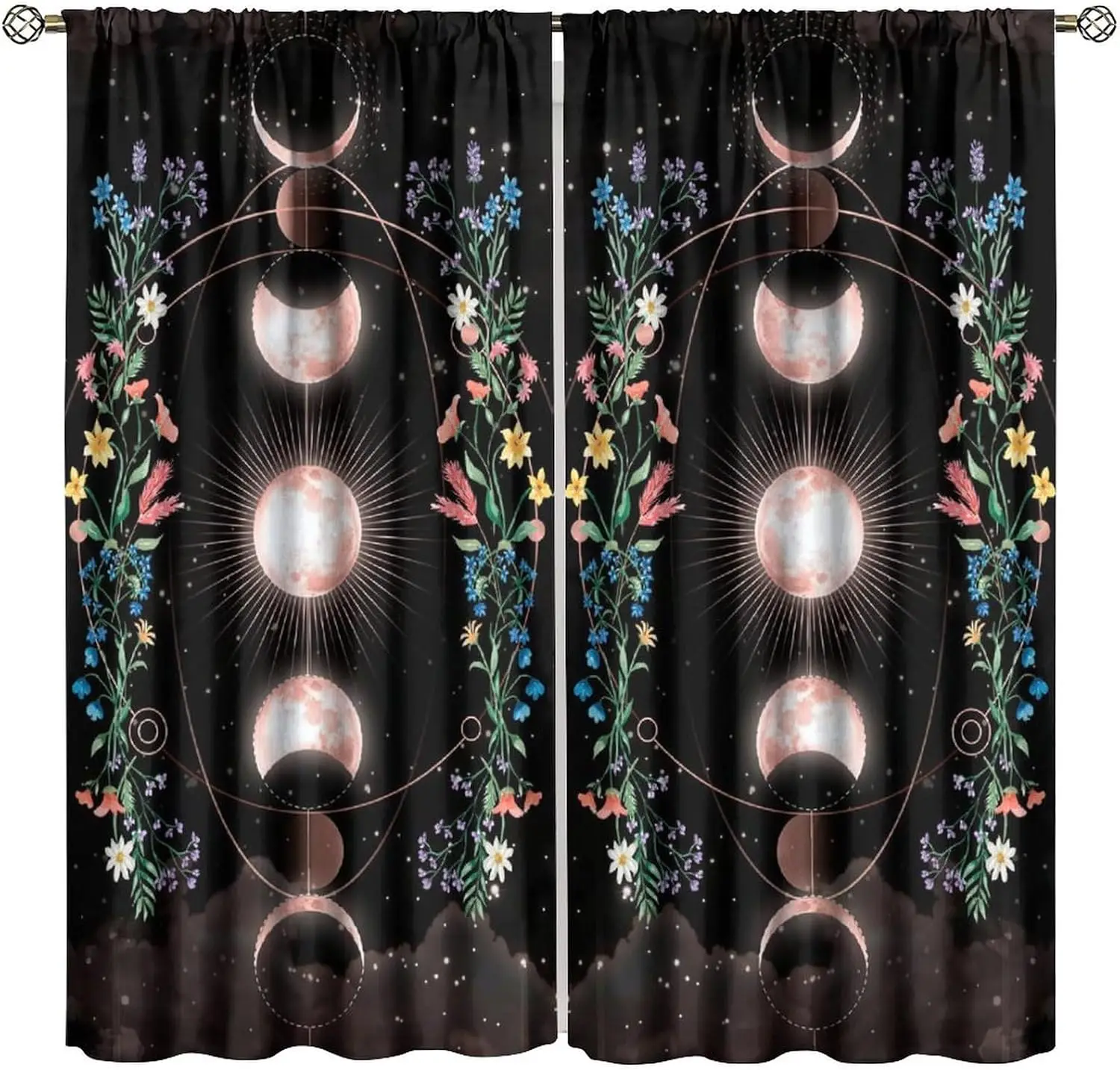 Boho Celestial Moon Star Floral Curtain Drapes Translucent Cosmic Window Treatment Boho Galaxy Wisteria Decor for Bathroom Bedro