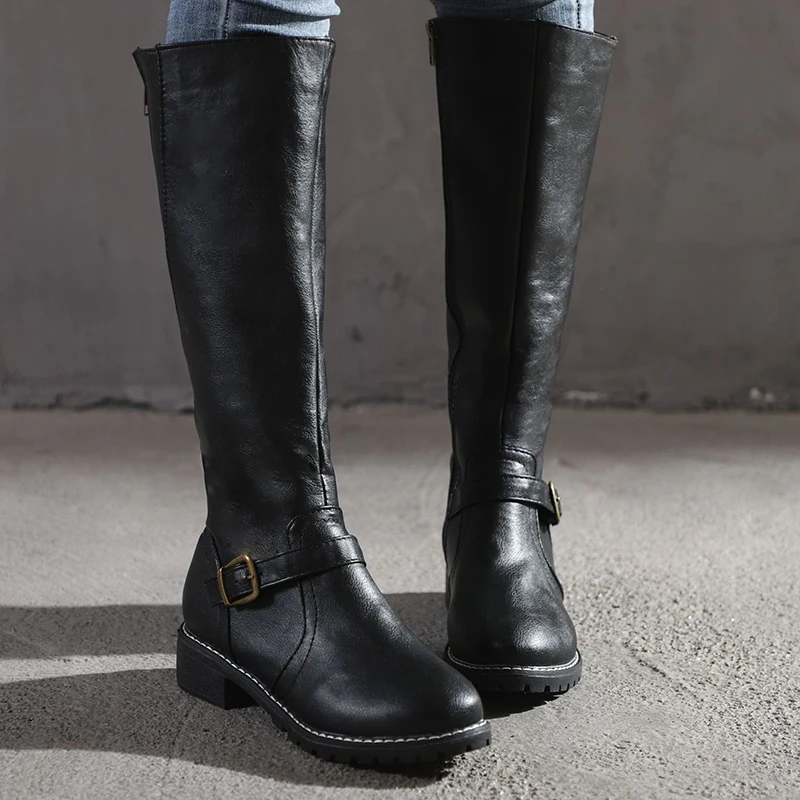 Women Straight Boots Vintage Leather Long Knight Boot Square Heel Knee High Boot Buckle Zipper British Style Winter Female Shoes